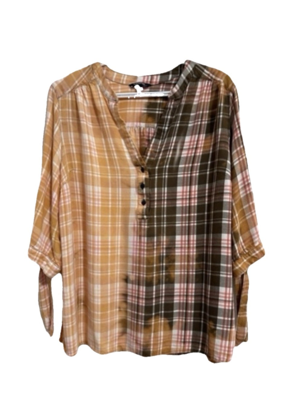Bleach dipped  plaid top with tie up 3/4 length sleeves.